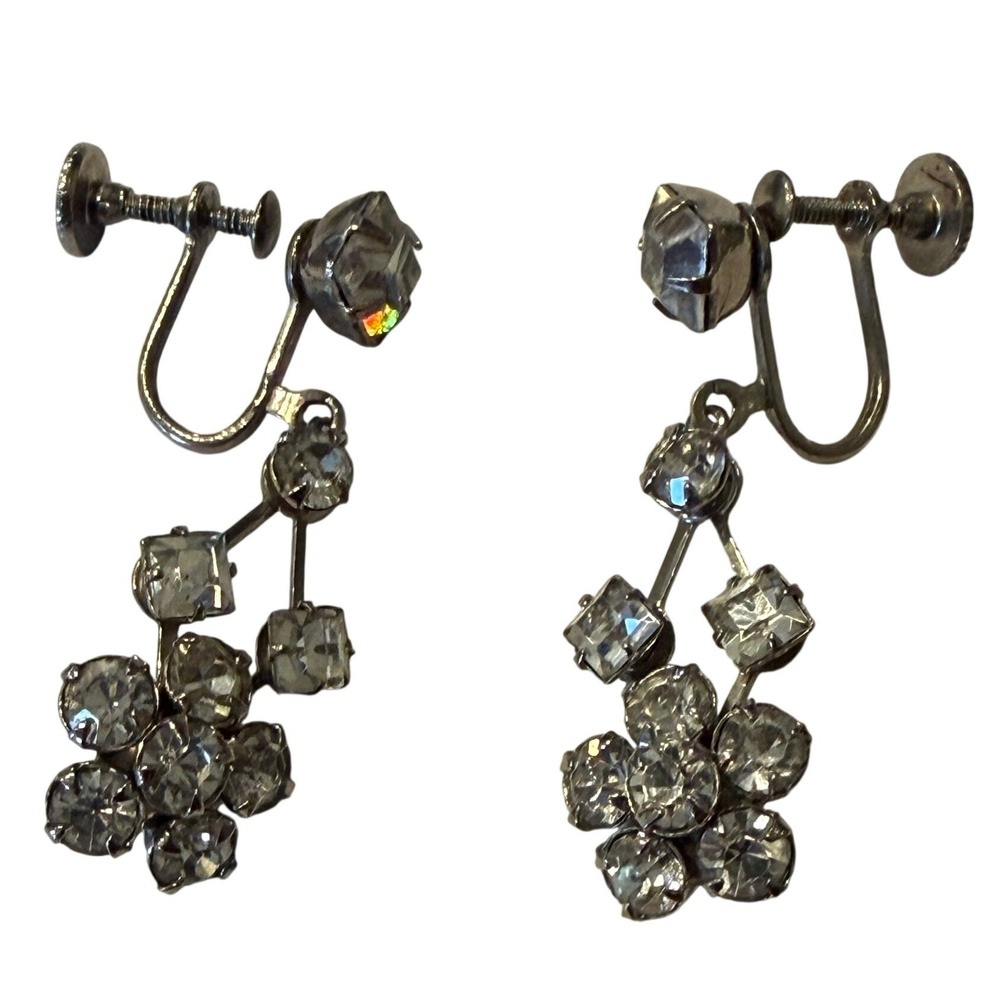 Vintage Silver Tone Rhinestone Screw Back Dangle Earrings Floral Cluster Drop